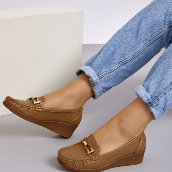 Khaki gold hardware belt wedged loafer