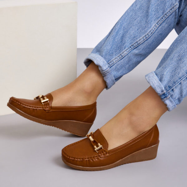 Tan gold hardware belt wedged loafer